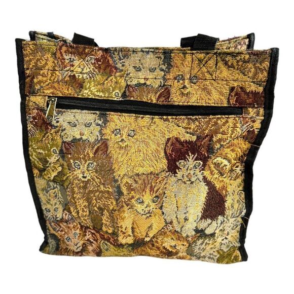 Vintage Large Tapestry Cat Print Tote Bag With Zipper & Handles Shopping Bag - Picture 1 of 10